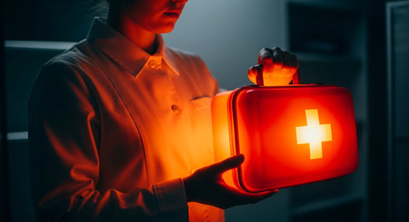 Female doctor holding first aid kit in hospital ward. Medical and healthcare concept.の素材