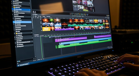 Hands of a professional programmer working on a programming code on a computerの素材