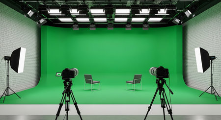 3d render of interior photography studio with green screen and lighting equipmentの素材