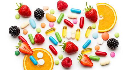 assorted vitamin pills and fruits isolated on white background. Top viewの素材