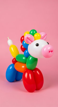 Plasticine horse with colorful balloons on pink background. Minimal concept.の素材