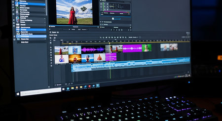 Computer screen with live webinar and online meeting in the evening.の素材