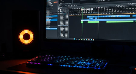 Close up of computer monitor and keyboard with colorful lights in dark roomの素材