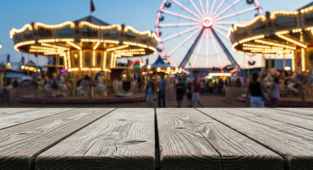 Empty wooden table for product display montages with fairground background.の素材