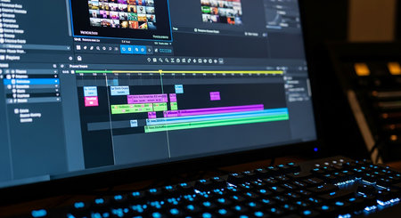 Close up of a computer monitor with programming and coding in a software development studioの素材