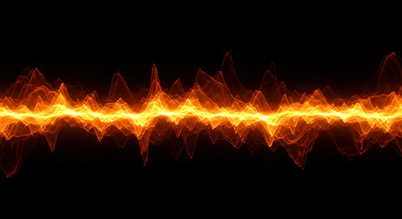 3D Illustration of an Orange Abstract Wave of Light on a Black Backgroundの素材