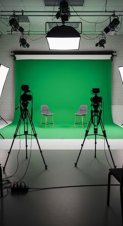 Photography studio with green screen and lighting equipment. 3d renderの素材
