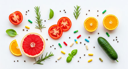 Fresh vegetables and pills on white background. Flat lay, top view.の素材