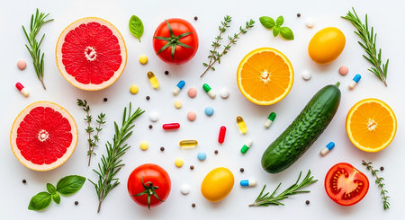 Healthy food concept. Fresh vegetables, fruits and pills on white backgroundの素材