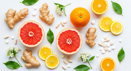 Ginger, lemon, orange, honey and pills on white backgroundの素材