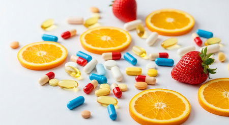 Close up of vitamin pills, tablets and fresh fruits on white backgroundの素材