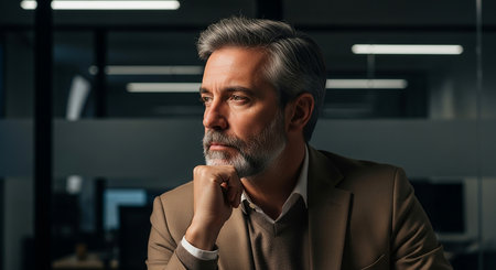 portrait of pensive mature businessman looking away while standing in officeの素材