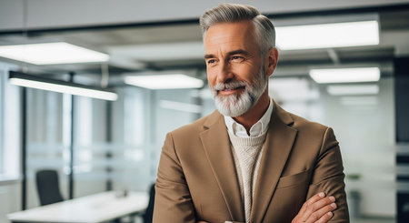 smiling mature businessman in beige suit looking at camera in officeの素材