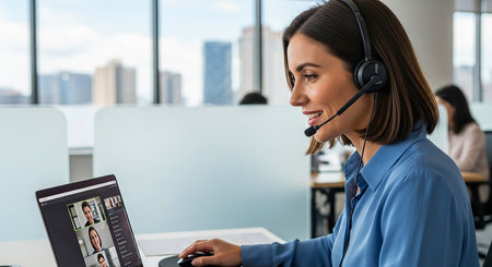 Business people wearing headset working actively in office. Call center, telemarketing, customer support agent provide service on telephone video conference call.の素材