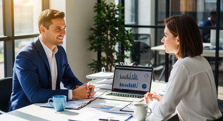 Image of two business partners discussing documents and ideas at meeting in officeの素材