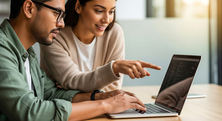 Selective focus of young man pointing at laptop screen while his girlfriend looking at itの素材