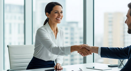 selective focus of smiling businesswoman shaking hands with businessman in officeの素材