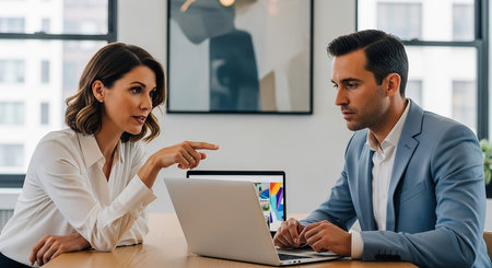 beautiful businesswoman pointing at laptop screen while talking to businessman in officeの素材