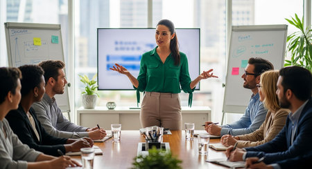 Businesswoman giving a presentation during a meeting in a modern office.の素材