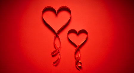 Valentine's Day background. Red hearts and ribbon on red backgroundの素材