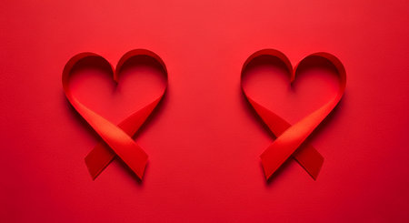 Two red hearts made of ribbons on a red background. World AIDS Day.の素材