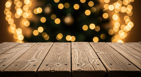 Wooden table in front of christmas tree with bokeh backgroundの素材
