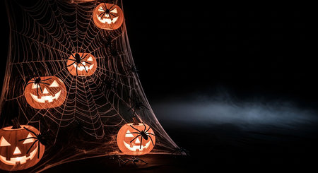 Spooky halloween scene with glowing carved pumpkins and large spiders on a dark nightの素材