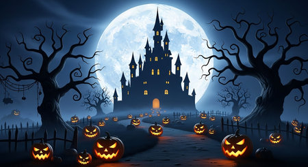 Spooky halloween castle with jack o lanterns and full moon at nightの素材