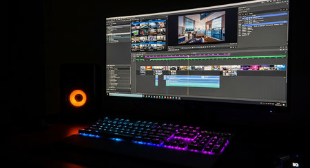 Computer monitor with different images on the screen in the dark, close-upの素材