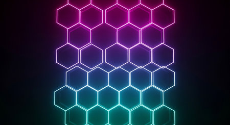 Neon hexagon background, 3d rendering. Computer digital drawing.の素材