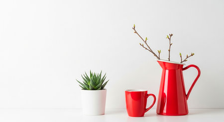Coffee cup and plant in vase on white background.の素材
