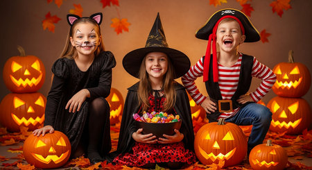 Happy children in halloween costumes with candies sitting on autumn leavesの素材