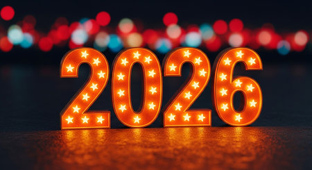 Brightly lit marquee numbers displaying the year 2026の素材