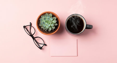 Cozy desk setup with coffee succulent and glasses for productive work or relaxing breakの素材