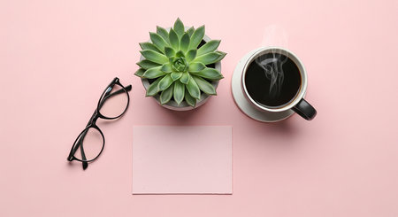 Cozy desk setup with coffee succulent and glasses for productive work or relaxing breakの素材
