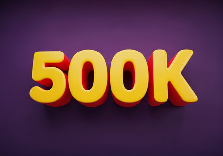 Bright yellow 500k number celebration on dark purple backgroundの素材