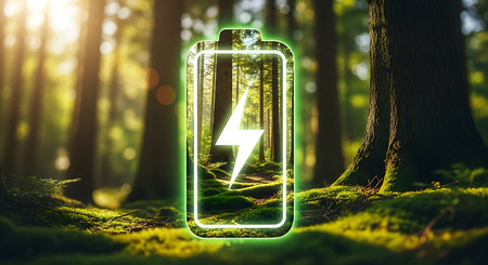Smartphone charging battery in the forest. Ecological energy concept.の素材