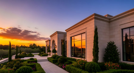 Sunset view of the garden at the entrance to a luxury villaの素材