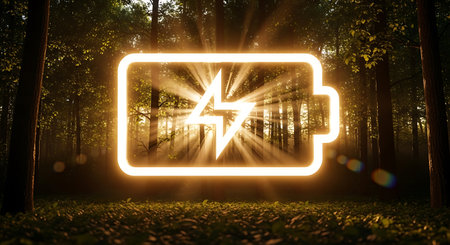Charging battery in the forest with glowing light. 3D renderingの素材