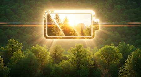 Digital composite of Battery charging app interface with forest and trees in backgroundの素材