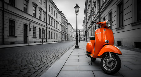 Vintage orange scooter on the street in Warsaw, Poland.の素材