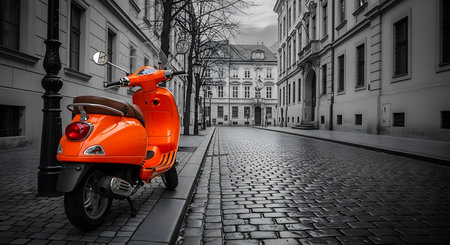 Orange scooter parked in the old town of Tallinn, Estoniaの素材