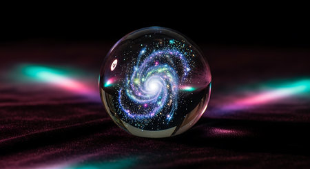 Crystal ball with multicolored lights on a dark background. 3d renderingの素材