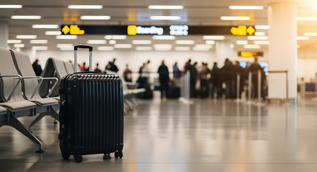 Travel luggage in airport terminal with blurred people on background. Travel conceptの素材