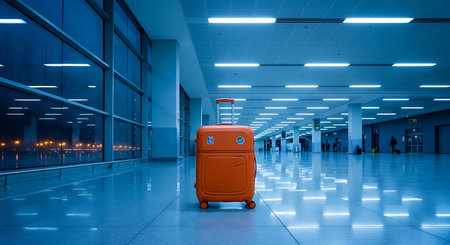 Red suitcase in airport hall at night. Travel and tourism concept.の素材