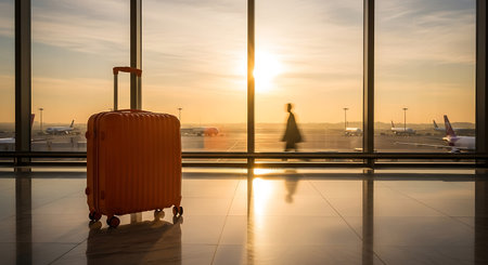 passenger in the terminal of the airport with a suitcase at sunsetの素材