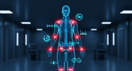 Digital composite of 3D human skeleton with glowing medical icons and interfaceの素材