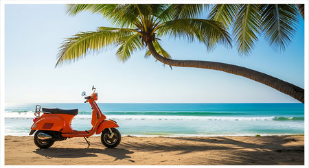 Orange scooter parked on the beach with palm tree and sea backgroundの素材