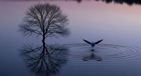 A seagull is reflected in the water of a lake.の素材