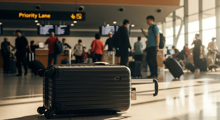 Travel luggage in airport terminal with blurred people on background, travel conceptの素材